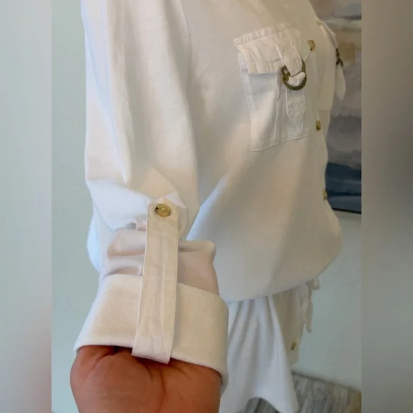 Michael Kors White Cotton Utility Shirt with Gold MK Hardware & Drawstring Waist - Picture 13 of 16